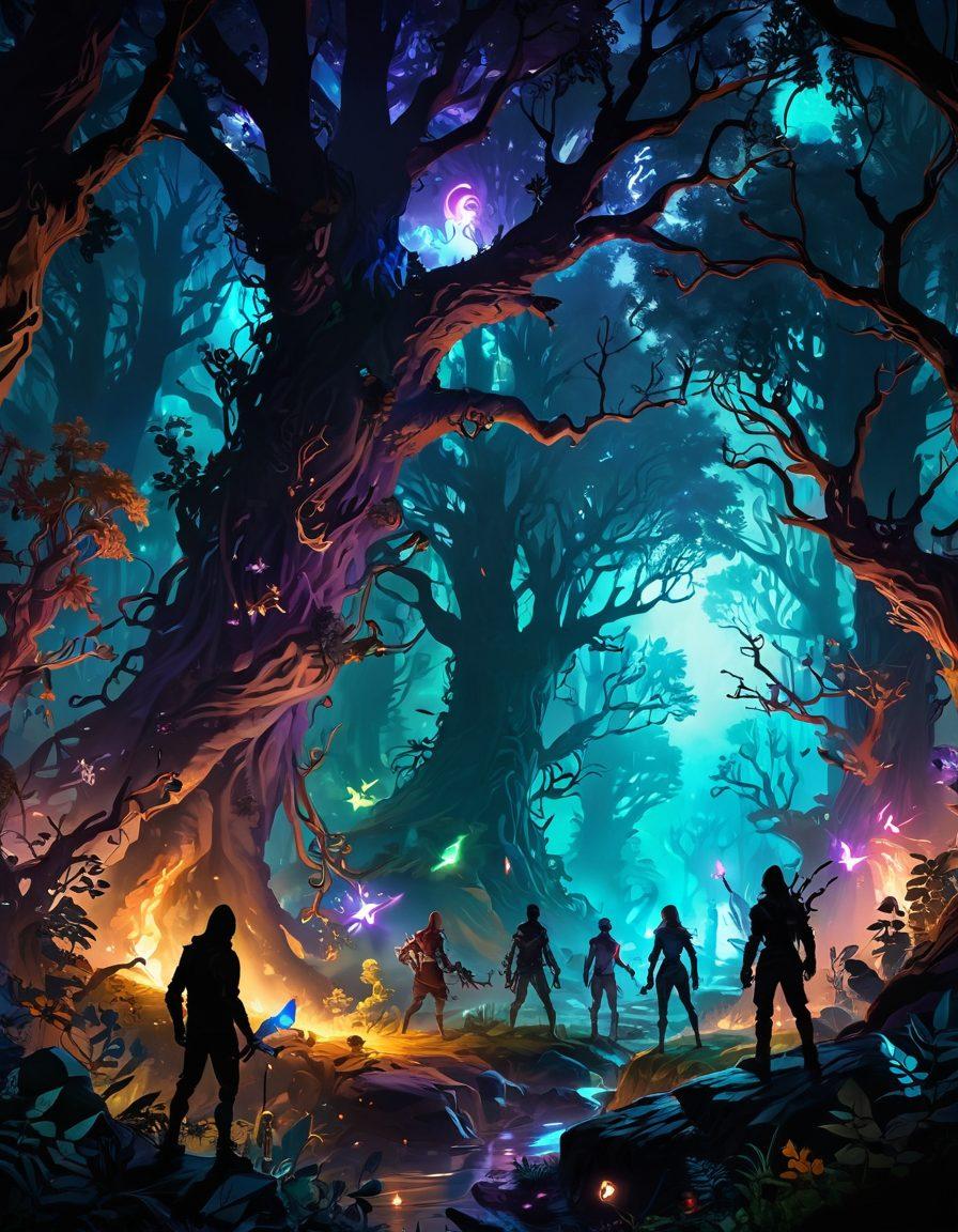 A mesmerizing landscape of a shadow realm featuring mystical creatures, dark forests, and ethereal glowing portals, with a group of diverse gamers in action, illuminated by colorful energy bursts from their gaming devices. The atmosphere is charged with excitement and adventure, blending elements of fantasy and technology. surreal art. vibrant colors. dark background.