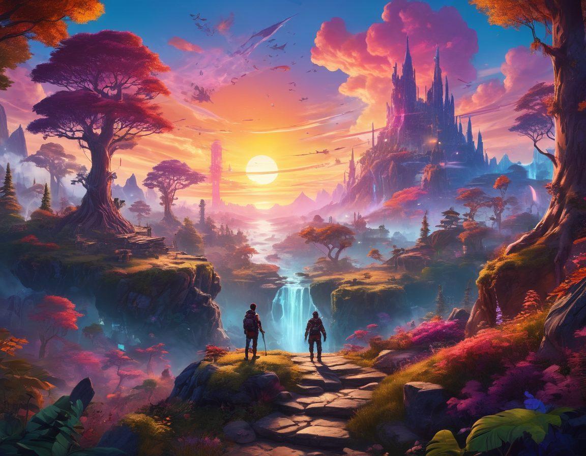 A stunning digital landscape showcasing a vivid video game world filled with epic quests, featuring diverse characters collaborating in a multiplayer setting. Include mystical forests, futuristic cities, and battle scenes, all connected by glowing pathways symbolizing player collaboration. The sky is filled with vibrant colors of a sunset, with dynamic action elements suggesting adventure and teamwork. surreal art style. bright, contrasting colors. 3D perspective.