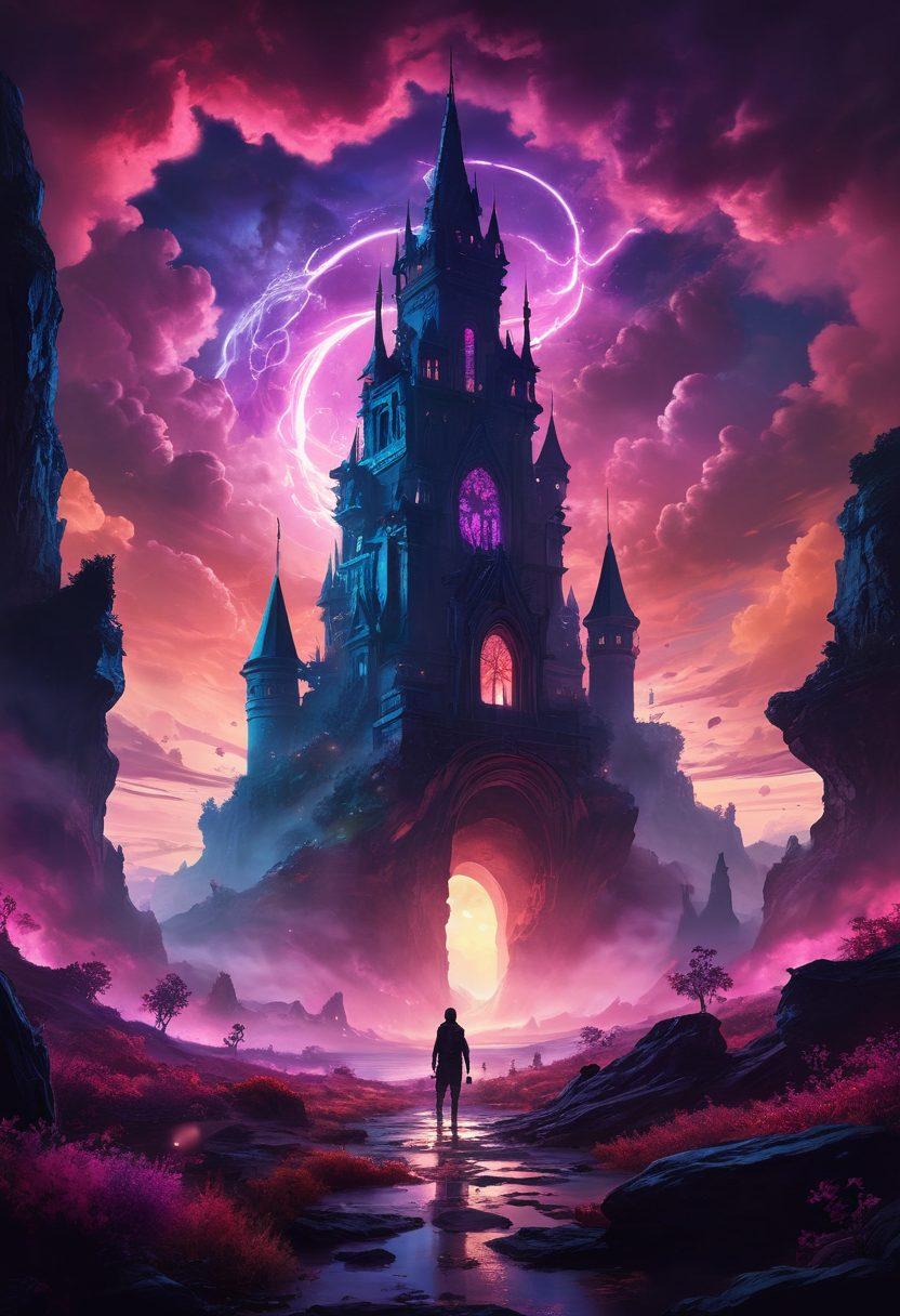 An ethereal landscape representing the Shadow Realm, featuring shadowy figures engaged in intense gaming battles. Incorporate elements of fantasy and community engagement like diverse players interacting, glowing game consoles, and vibrant energy beams connecting them. The scene should be dynamic, with swirling dark clouds and luminous game icons scattered throughout. Envelop the composition in a mystical ambiance with hints of neon colors to evoke excitement. surreal art. vibrant colors. high contrast.